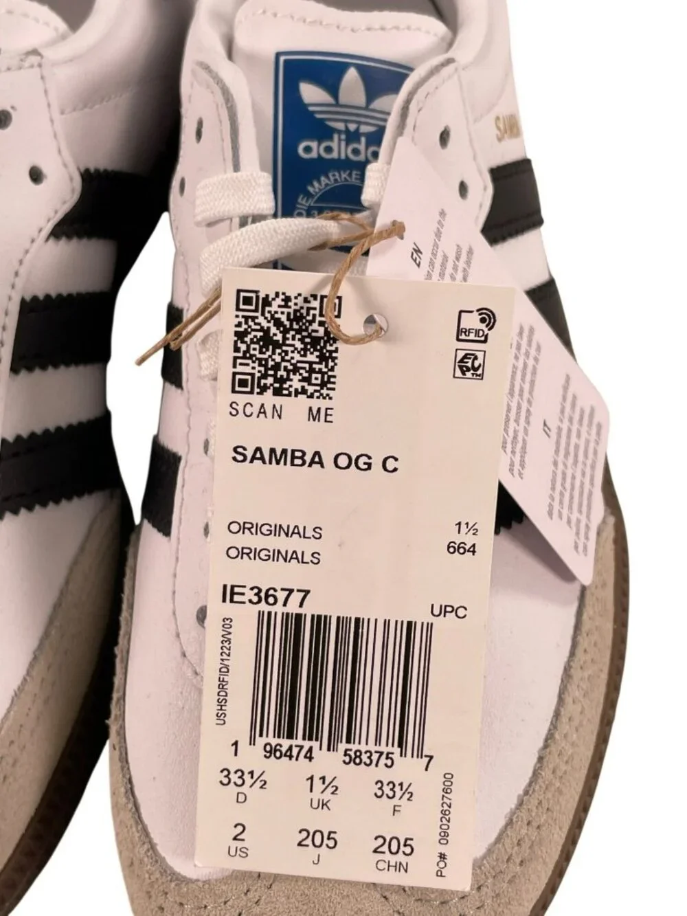 Adidas Samba OG C Sneakers Athletic Shoes White Black Sneakers Kids Size 2 NEW